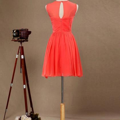 Short Chiffon Bridesmaid Dress, Coral A-line Knee..
