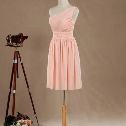 One Shoulder Pearl Pink Chiffon Bridesmaid Dress,..