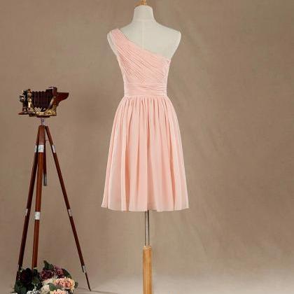 One Shoulder Pearl Pink Chiffon Bridesmaid Dress,..