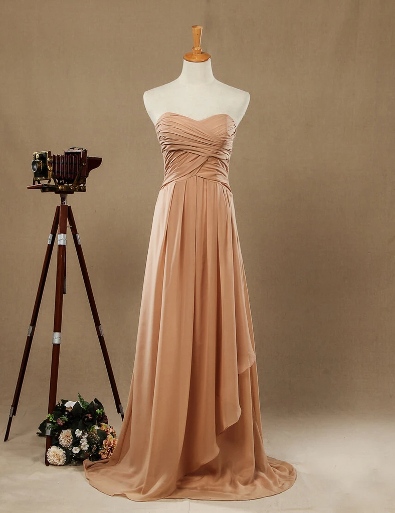 Taupe Sweetheart Chiffon Bridesmaid Dresses With Criss Cross Ruching Pleats, A Line Floor Length Strapless Wedding Party Dresses, Custom Made