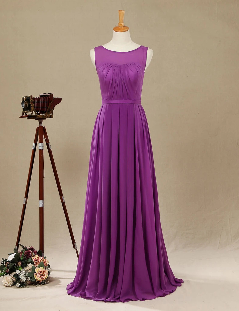 Purple Long Chiffon Bridesmaid Dress, A-line Sleeveless Evening Dress With Bateau Neck, Custome Made Bridesmaid Dresses