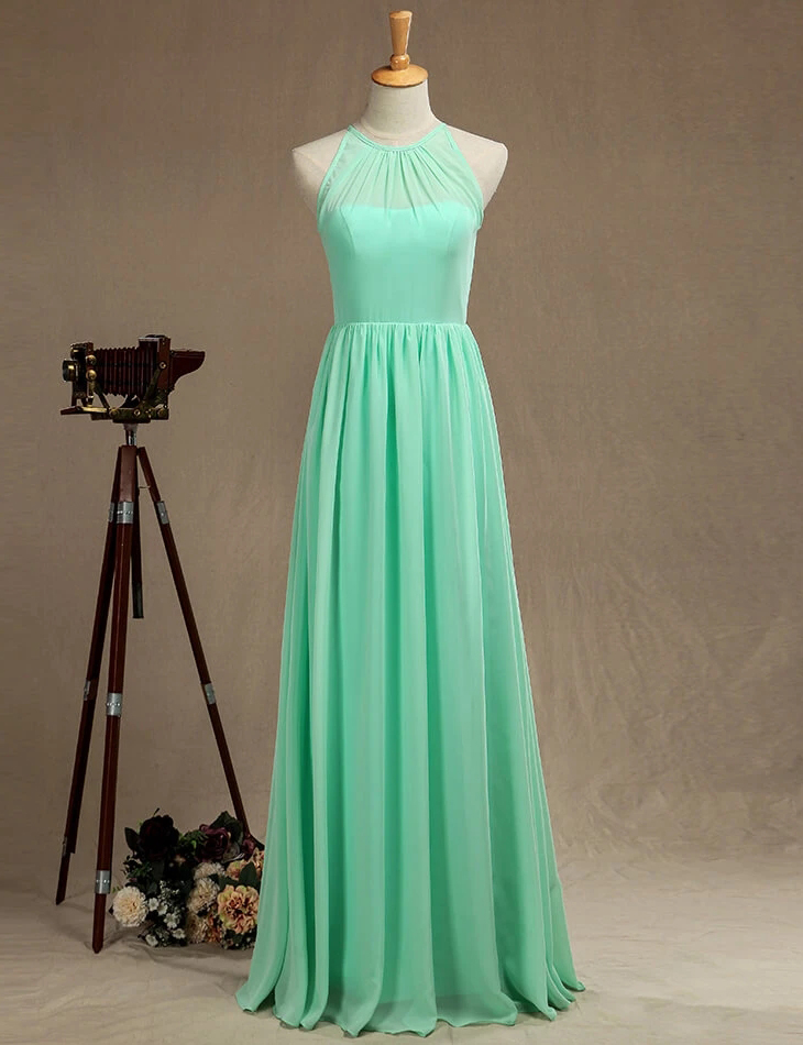 Mint A-line Jewel Neck Floor Length Chiffon Bridesmaid Dress With Pleats, Mint Long Prom Dresses For Women