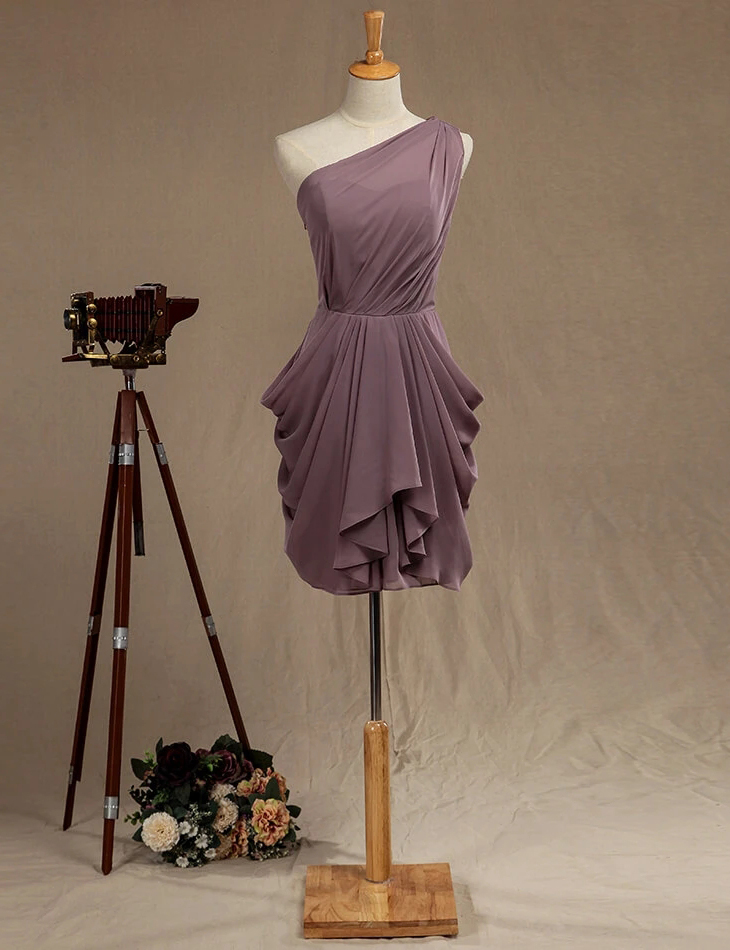 Mini Chiffon Bridesmaid Dress, Dusty Purple One Shoulder A-line Bridesmaid Dresses, Short Hand Made Homecoming Dresses