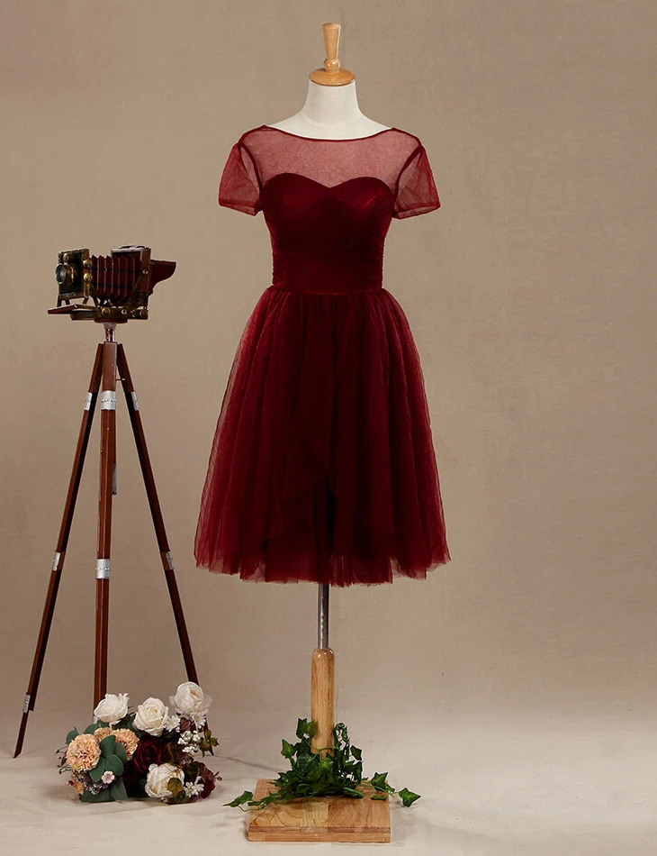 A-line Knee Length Tulle Short Sleeves Bridesmaid Dress, Burgundy Open Back Bridesmaid Dresses With See Through Bateau Neckline, Tulle