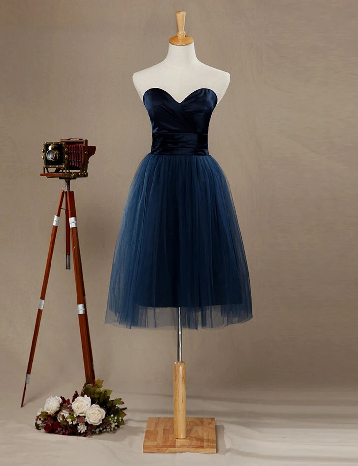 A-line Sweetheart Knee Length Satin Tulle Bridesmaid Dress, Tulle Homecoming Dress With Ruching, Tulle Prom/formal Dresses, Navy Bridesmaid Dress