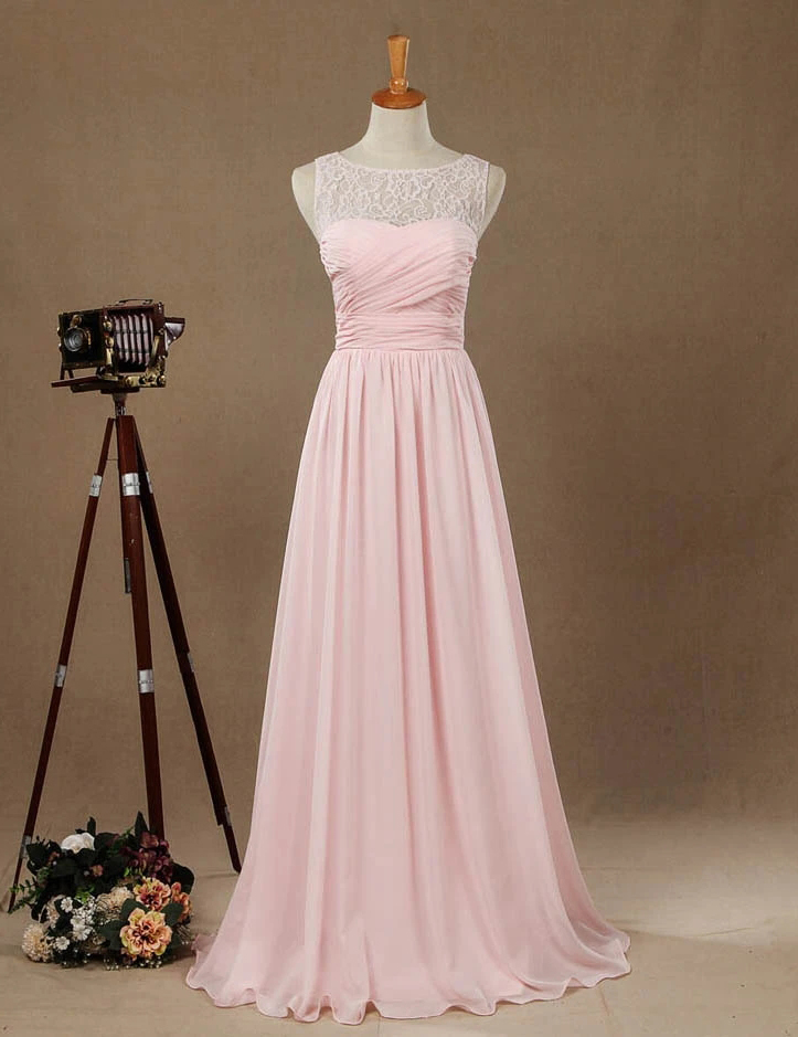 A-line Jewel Neck Floor Length Chiffon Match Lace Bridesmaid Dress, Pink Bridesmaid Dresses With Ruching Pleats, Custom Made Wedding