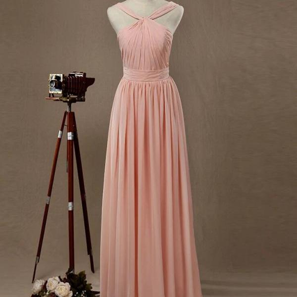 Stunning A-line Halter Empire Floor Length Chiffon Bridesmaid Gowns Blushing Pink